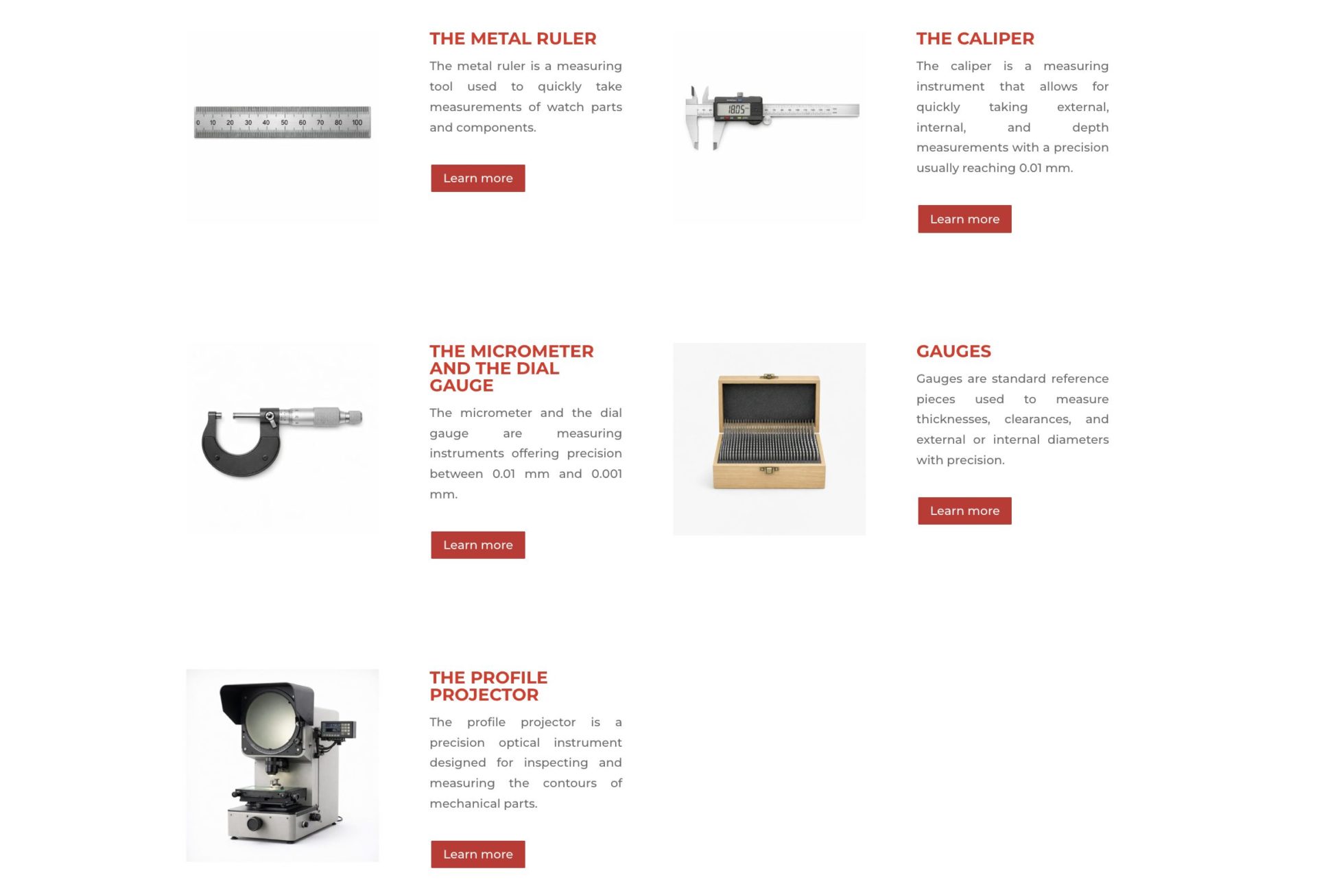 Measuring instruments Examples of dimensional measuring tools in watchmaking