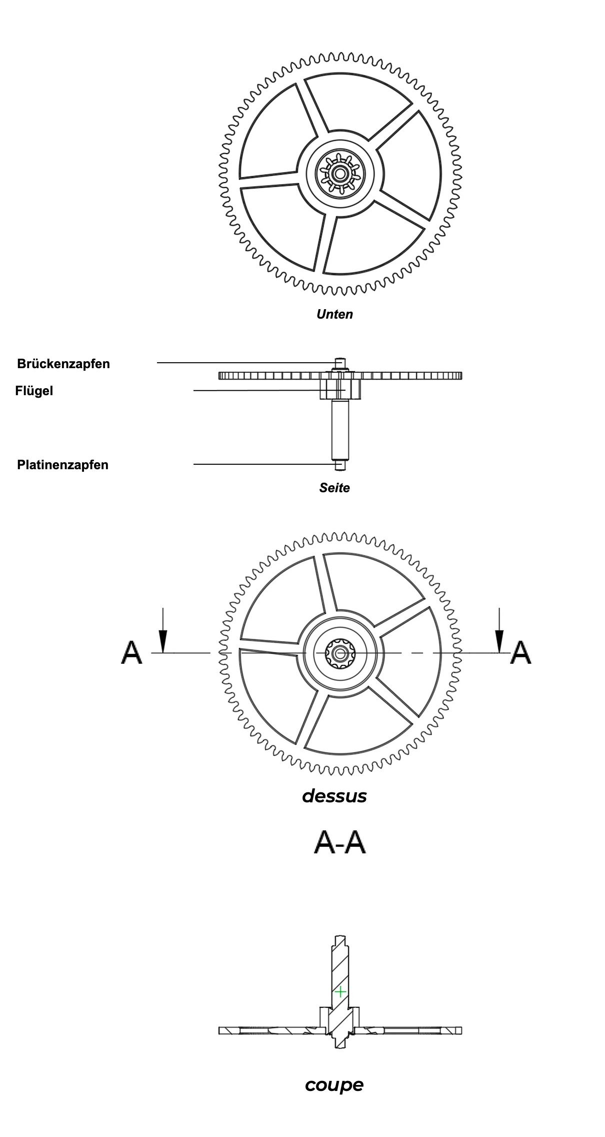 Kleinbodenrad Detaillierter Plan mit Legenden eines zusammengebauten Kleinbodenrads