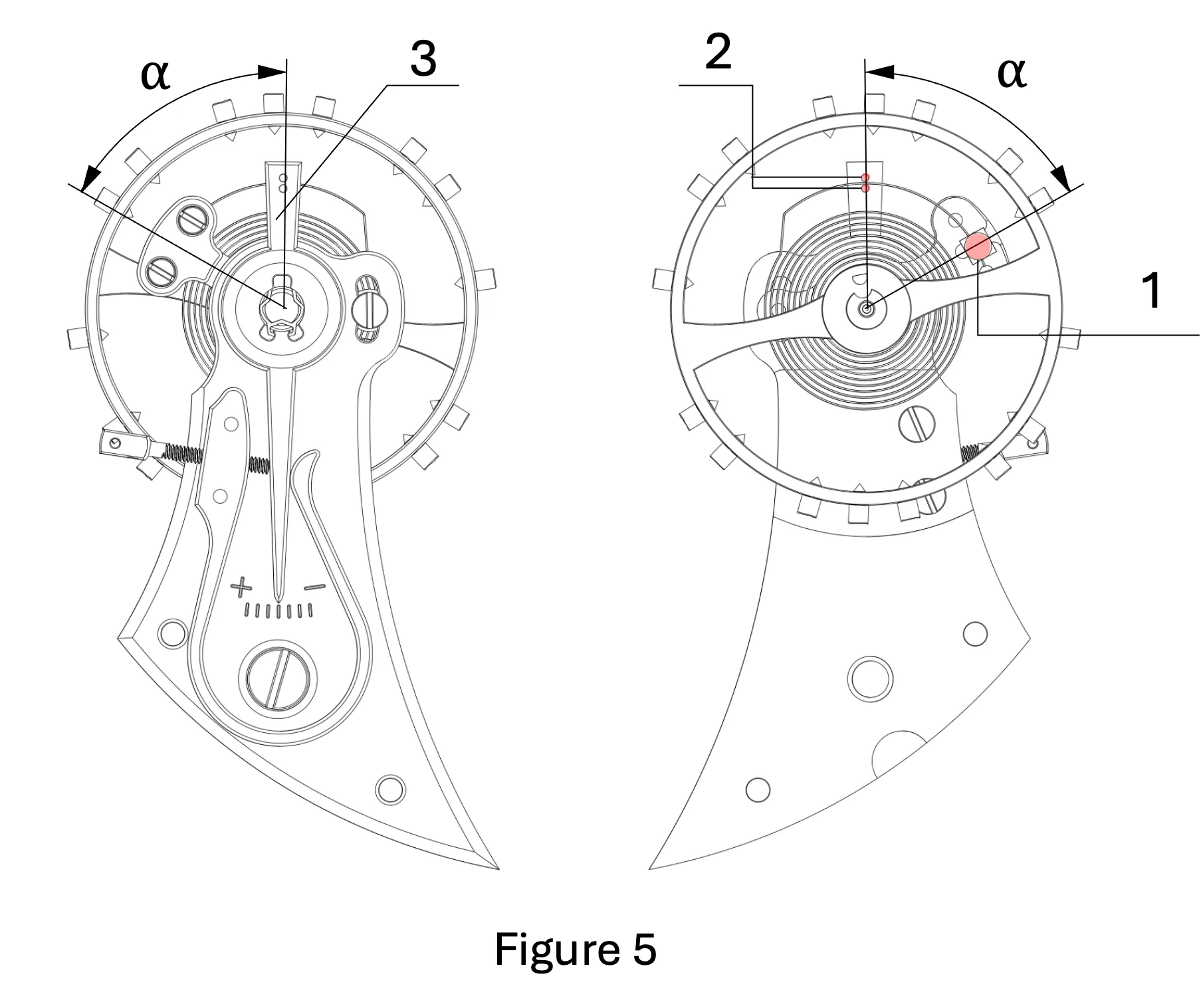 Construcción de un Órgano regulador (volante-espiral) con raqueta Descripción y plano de un Órgano regulador completo sobre puente del volante con raqueta