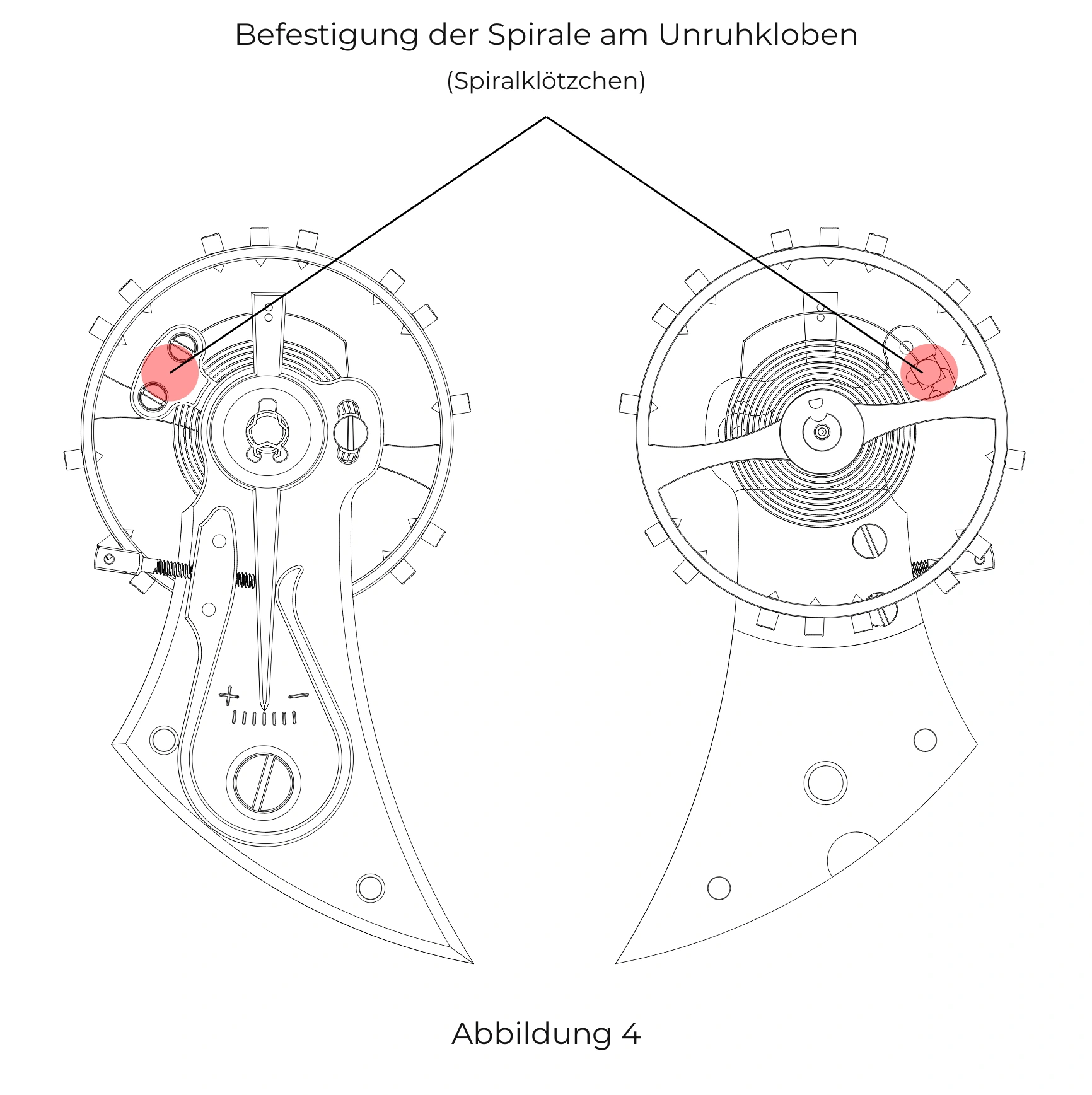 Befestigung der Spirale am Unruhkloben (Regulierorgan) Beschreibung der Befestigung der Spirale am Unruhkloben durch das Spiralklötzchen (Regulierorgan)